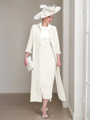 2 Pieces Round Neck Tea-Length Mother of the Bride Dresses with Jacket & Lace Appliques