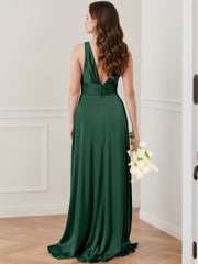 A Line/Princess Deep V-Neck Sleeveless Floor-Length Bridesmaid Dresses with Ruffles & Split Side