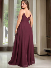 A Line/Princess Spaghetti Straps V-Neck Sleeveless Unique Plus Size Bridesmaid Dresses with Ruffles & Split Side