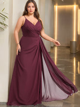 A Line/Princess Spaghetti Straps V-Neck Sleeveless Unique Plus Size Bridesmaid Dresses with Ruffles & Split Side