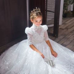 A-Line/Princess 3/4 Sleeves Flower Girl Lace Party Dress with Rhinestone Appliques