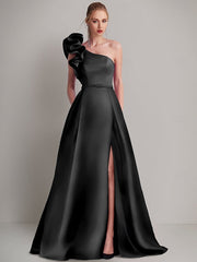 A-Line Floor Length Sleeveless One Shoulder Wedding Guest Dress Satin with Pocket Shoulder Flower