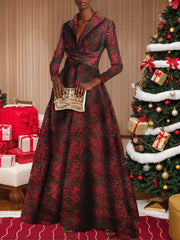 A-Line/Princess Floral Print Red Rose Mother of the Bride & Groom Dresses with V-Neck Long Sleeves