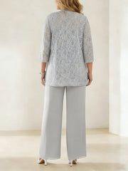 3 Pieces Scoop Neck 3/4 Sleeves Plus Size Mother of the Bride Pantsuits with Lace & Sequins & Jacket Ankle-Length