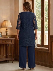 3 Pieces Scoop Chiffon Plus Size Mother of the Bride Pantsuits with Jacket Lace Ankle-Length Floral 3/4 Sleeves