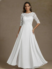 A-Line/Princess Boat Neck Chiffon Mother of the Bride Dresses Lace Floor-Length Half Sleeves