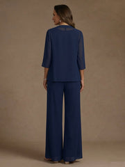 3 Pieces Suit Chiffon Mother of the Bride Pantsuits with Jacket Scoop 3/4 Sleeves Ankle Length Lace Sequins