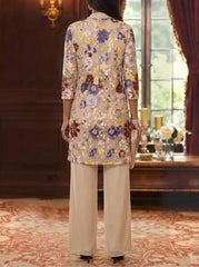 3 Pieces Chiffon Scoop Mother of the Bride Pantsuits with Jacket Ankle-Length 3/4 Sleeves Lace Floral