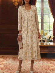 2 Pieces A-Line/Princess Scoop Mother of the Bride Dresses with Jacket Chiffon Sequins Tea-Length 3/4 Sleeves Floral