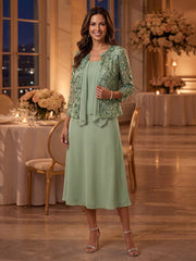 A-Line/Princess 2 Pieces Scoop Chiffon Mother of the Bride Dresses Tea-Length 3/4 Sleeves with Sequin Jacket