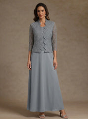 2 Pieces A-Line/Princess Scoop Chiffon Mother of the Bride Dresses Ankle-Length 3/4 Sleeves&Sleeveless with Lace Jacket