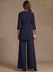 3 Pieces Scoop Chiffon Mother of the Bride Pantsuit Ankle-Length 3/4 Sleeves&Sleeveless Rhinestones with Jacket