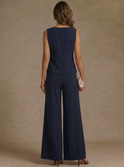 3 Pieces Scoop Chiffon Mother of the Bride Pantsuit Ankle-Length 3/4 Sleeves&Sleeveless Rhinestones with Jacket
