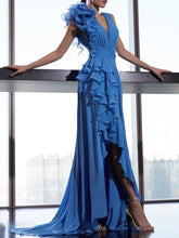A-Line Court Train Sleeveless V Neck Chiffon Prom Dress with Ruffles Shoulder Flower