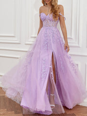 A-Line Sweep/Brush Train Sleeveless Sweetheart Tulle Backless Prom Dress with Beading Slit Appliques