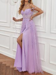 A-Line Sweep/Brush Train Sleeveless Sweetheart Tulle Backless Prom Dress with Beading Slit Appliques