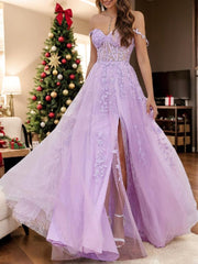 A-Line Sweep/Brush Train Sleeveless Sweetheart Tulle Backless Prom Dress with Beading Slit Appliques