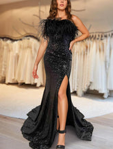 A-Line Floor Length Sleeveless Strapless Evening Prom Dress Sequined with Feather