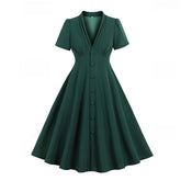 A-Line/Princess 1950s V-Neck Short Sleeves Ruched Vintage Dresses with Pleats & Bow & Buttons