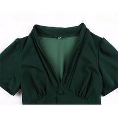 A-Line/Princess 1950s V-Neck Short Sleeves Ruched Vintage Dresses with Pleats & Bow & Buttons