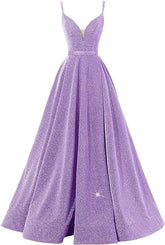 A Line/Princess Spaghetti Straps V Neck Floor-Length Evening Dresses with Slit