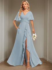 A Line V Neck Flutter Sleeve Floor Length Bridesmaid Dresses with Pockets with Slit Ruffles
