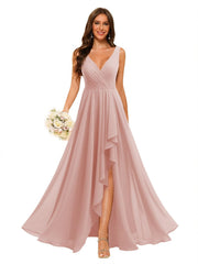 A-Line/Princess V Neck Sleeveless Floor Length Bridesmaid Dresses Chiffon with Slit Pockets