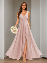 A-Line/Princess V Neck Sleeveless Floor Length Bridesmaid Dresses Chiffon with Slit Pockets