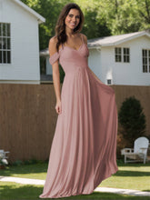 A Line/Princess Sweetheart Off Shoulder Sleeveless Floor Length Bridesmaid Dresses with Pockets Chiffon