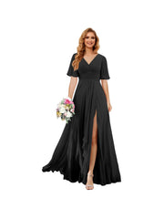 A Line/Princess V Neck Short Sleeve Floor Length Bridesmaid Dresses Chiffon with Slit