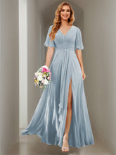 A Line/Princess V Neck Short Sleeve Floor Length Bridesmaid Dresses Chiffon with Slit
