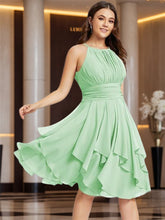 A Line/Princess Halter Sleeveless Short/Mini Bridesmaid Dresses Chiffon Ruffle Pleated Pockets