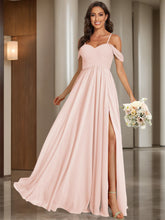 A Line /Princess Off Shoulder Sweetheart Sleeveless Floor Length Bridesmaid Dresses Chiffon with Pockets Slit