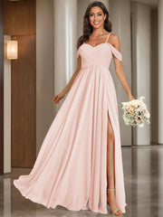 A Line /Princess Off Shoulder Sweetheart Sleeveless Floor Length Bridesmaid Dresses Chiffon with Pockets Slit