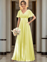 A-Line V Neck Flutter Sleeves Floor Length Bridesmaid Dresses Chiffon with Pockets Ruched