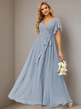 A-Line V Neck Short Sleeve Floor Length Bridesmaid Dresses Chiffon with Ruffles Bow(s)