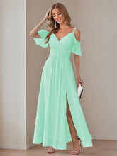 A-Line/Princess V Neck Short Sleeve Spaghetti Straps Ankle Length Bridesmaid Dresses Chiffon with Ruffles Bow(s)