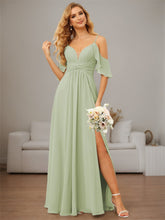 A-Line/Princess Spaghetti Straps Sleeveless Floor Length Bridesmaid Dresses Chiffon with Ruffles Split