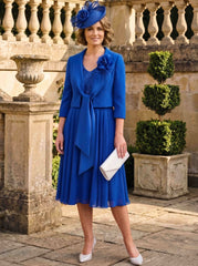 A-Line/Princess 2 Pieces V-Neck Chiffon Mother of the Bride Dresses Tea-Length 3/4 Sleeves Pleated 3D Flower With Jacket