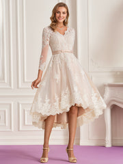 A Line/Princess V-Neck 3/4 Length Sleeves Asymmetrical Wedding Dress with Lace Embroidery