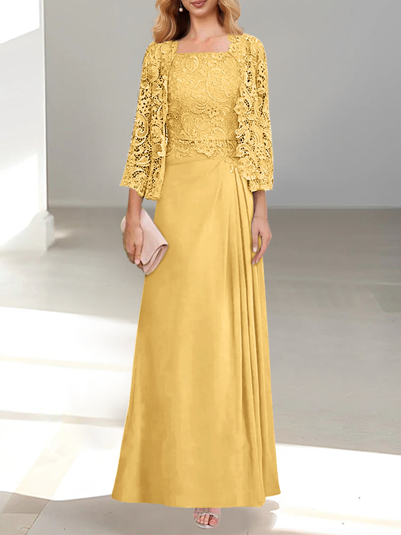 2 Pieces A-Line/Princess Scoop Floor-Length Mother of the Bride Dresses with Pleated & Lace Appliques