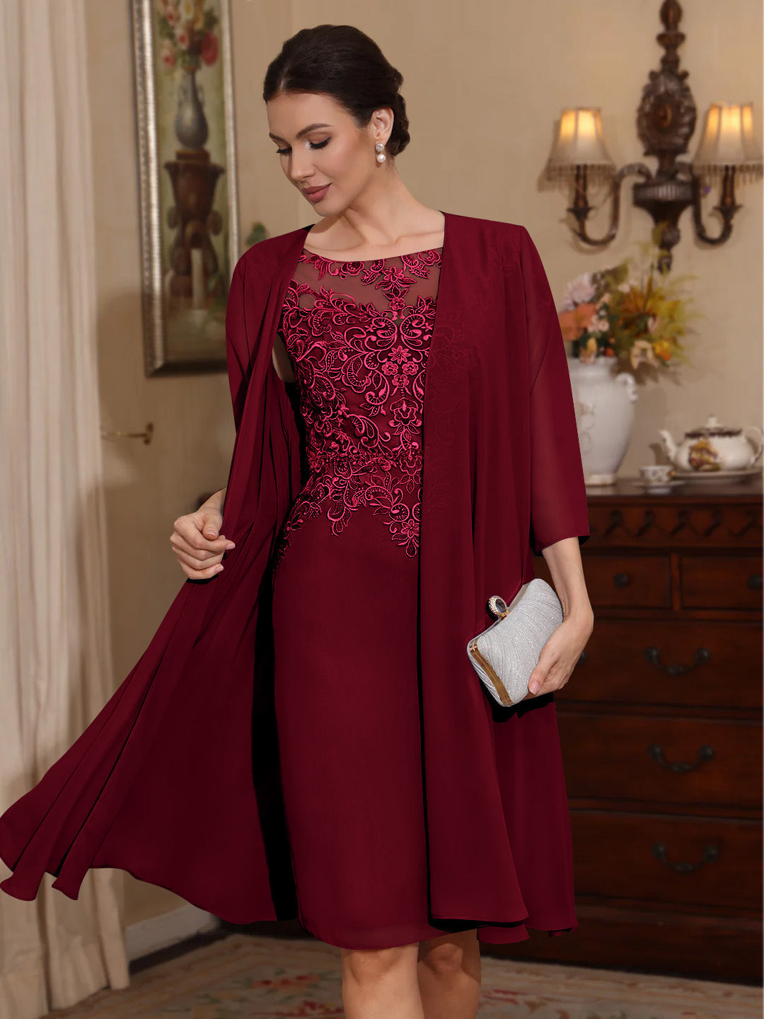 2 Pieces Sheath/Column Scoop Chiffon Mother of the Bride Dresses with Jacket Lace Knee-Length 3/4 Sleeves