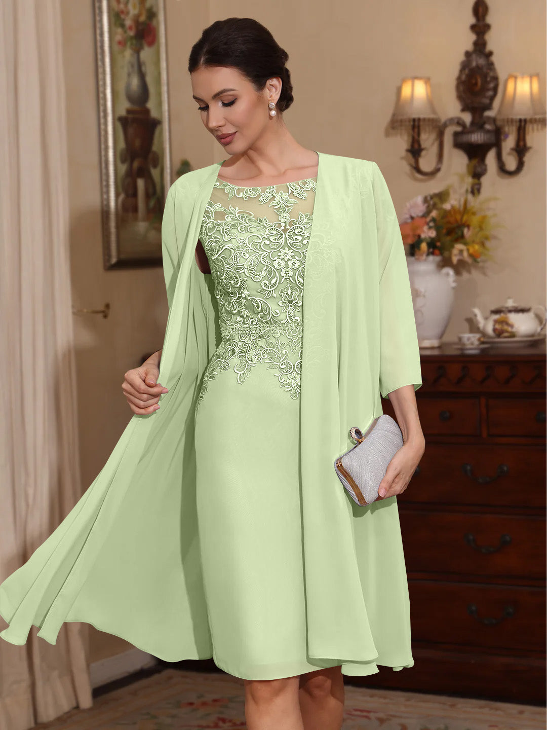 2 Pieces Sheath/Column Scoop Chiffon Mother of the Bride Dresses with Jacket Lace Knee-Length 3/4 Sleeves