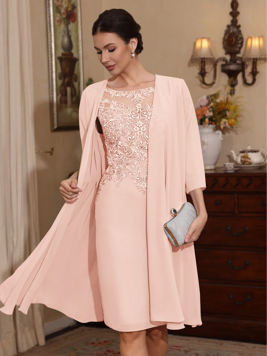 2 Pieces Sheath/Column Scoop Chiffon Mother of the Bride Dresses with Jacket Lace Knee-Length 3/4 Sleeves