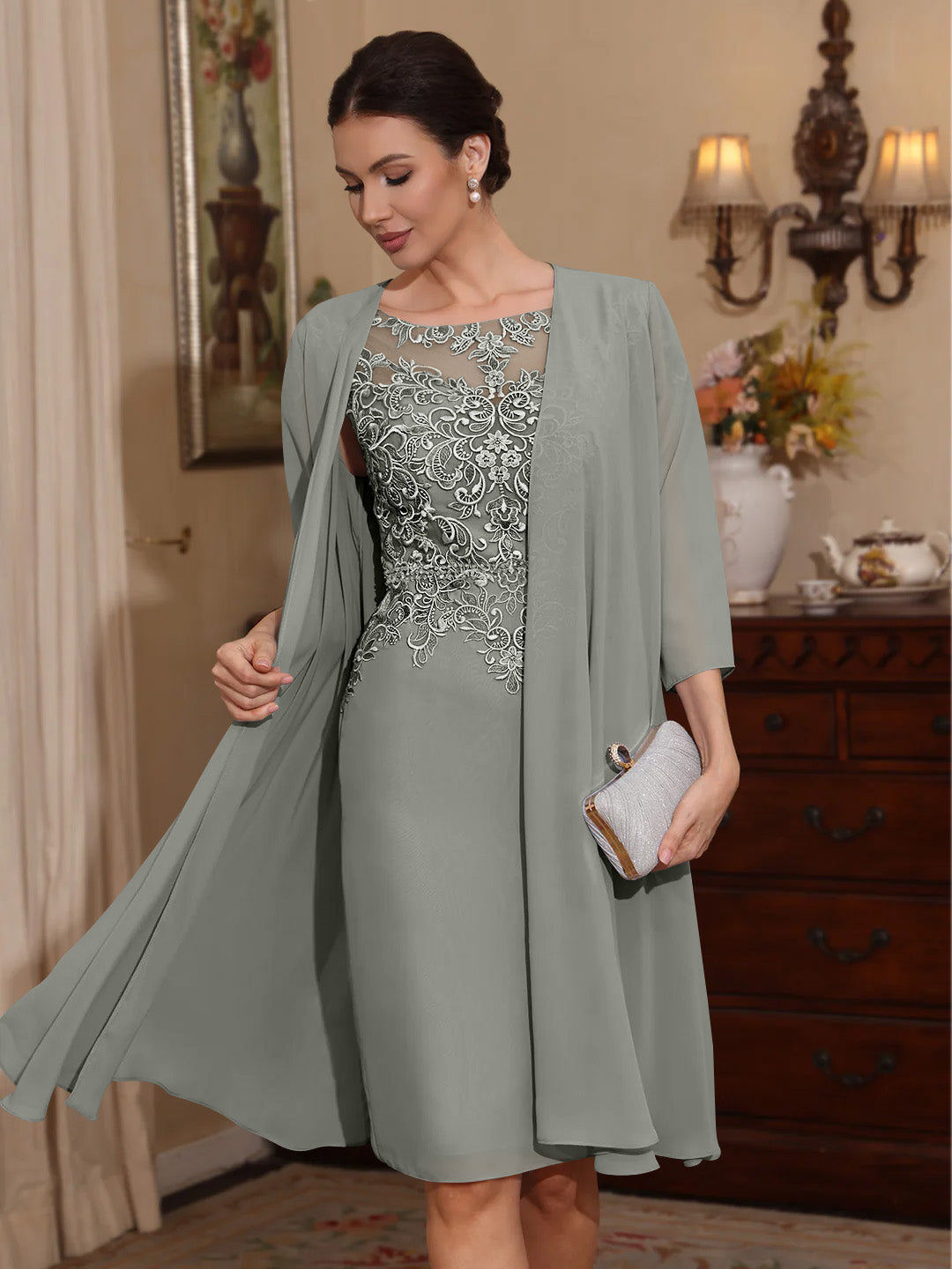 2 Pieces Sheath/Column Scoop Chiffon Mother of the Bride Dresses with Jacket Lace Knee-Length 3/4 Sleeves