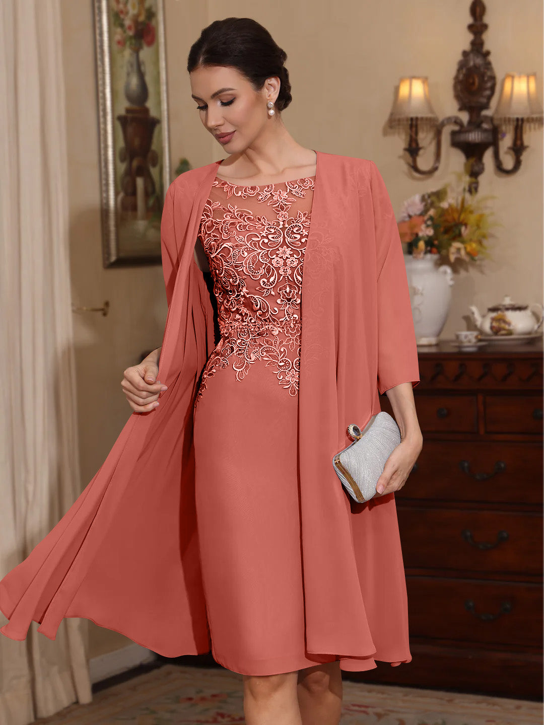 2 Pieces Sheath/Column Scoop Chiffon Mother of the Bride Dresses with Jacket Lace Knee-Length 3/4 Sleeves