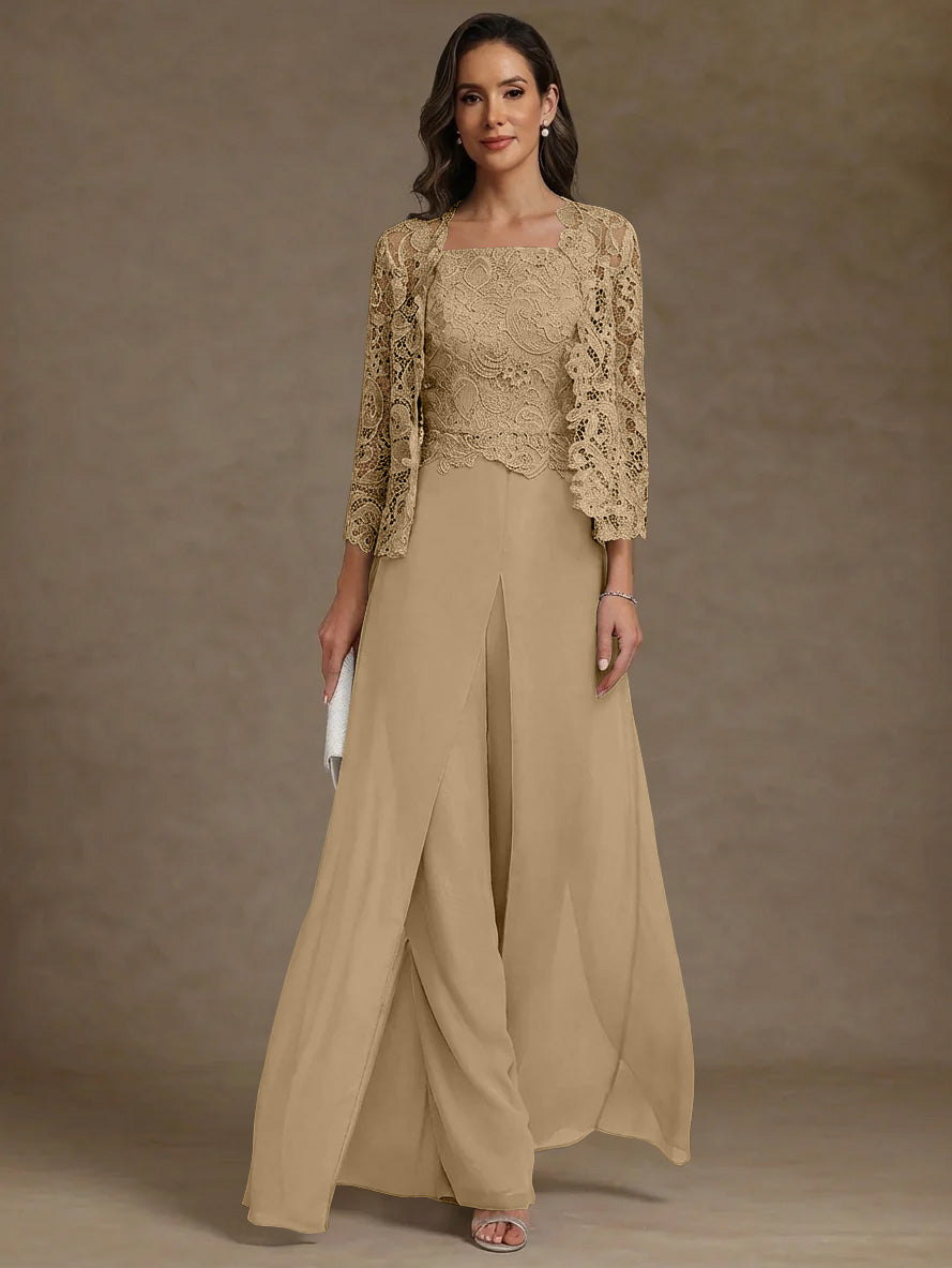 3 Pieces Square Collar Chiffon Mother of the Bride Pantsuits with Jacket Lace Ankle-Length with Overskirt Long Sleeves