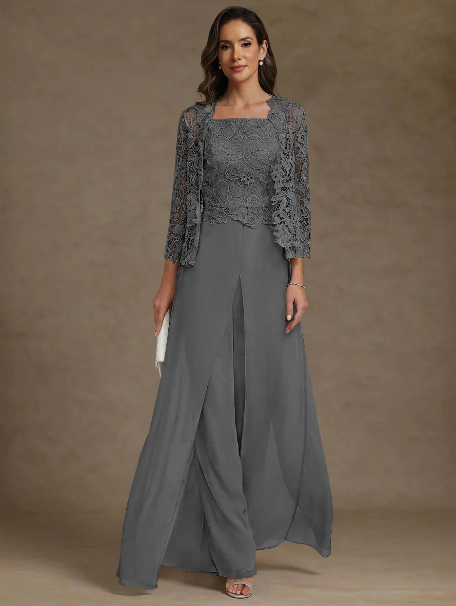 3 Pieces Square Collar Chiffon Mother of the Bride Pantsuits with Jacket Lace Ankle-Length with Overskirt Long Sleeves