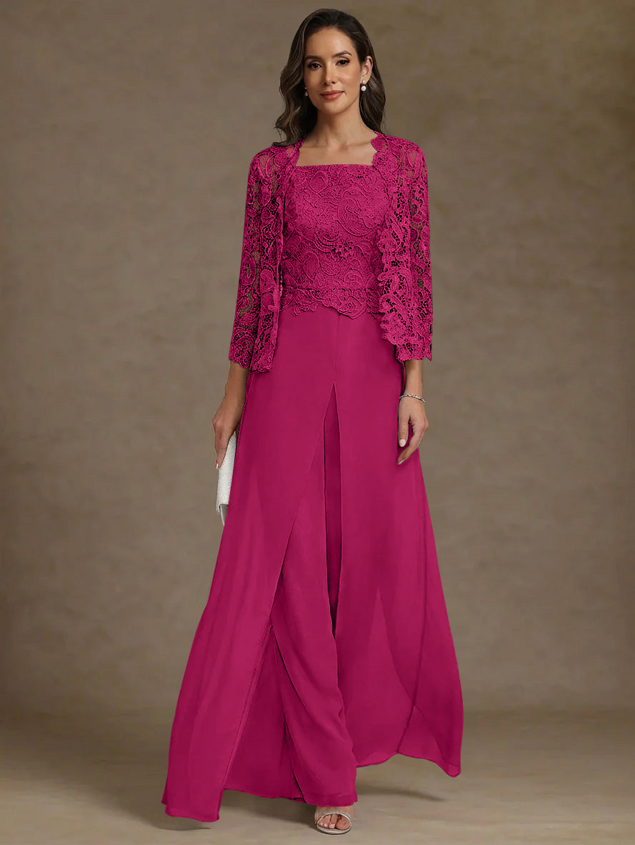 3 Pieces Square Collar Chiffon Mother of the Bride Pantsuits with Jacket Lace Ankle-Length with Overskirt Long Sleeves
