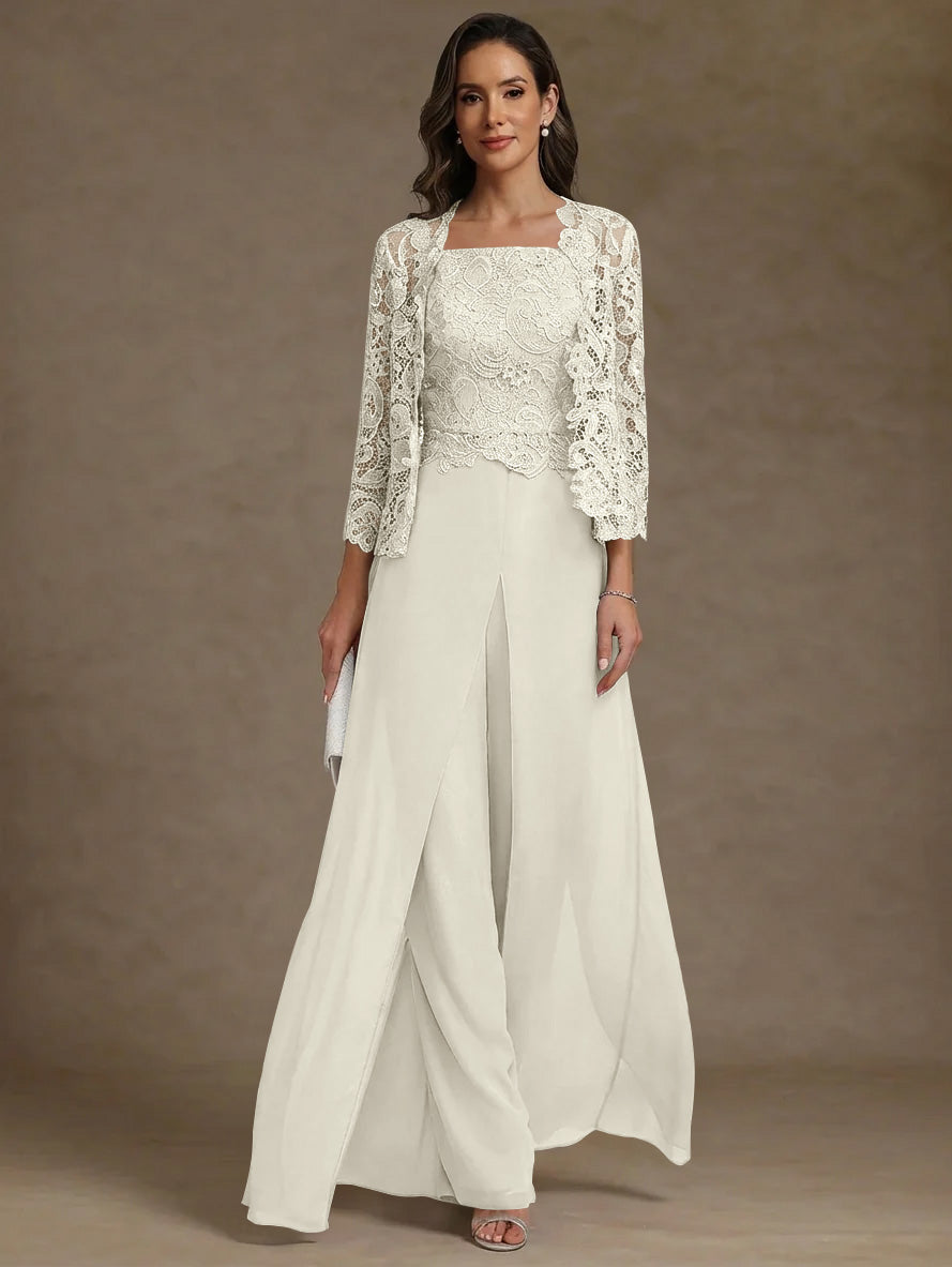 3 Pieces Square Collar Chiffon Mother of the Bride Pantsuits with Jacket Lace Ankle-Length with Overskirt Long Sleeves
